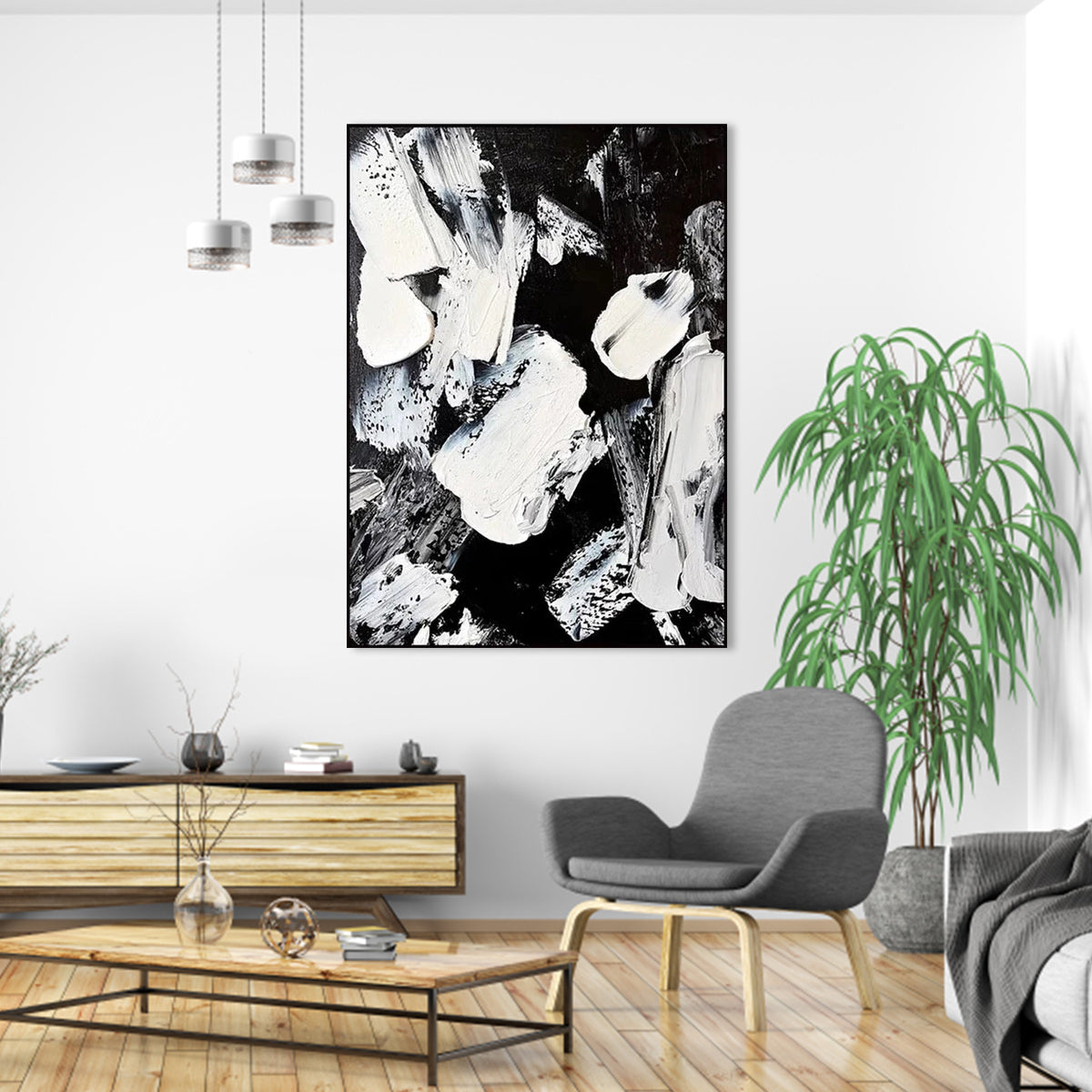 "Dynamic Contrast abstract black and white painting with bold impasto brushstrokes."