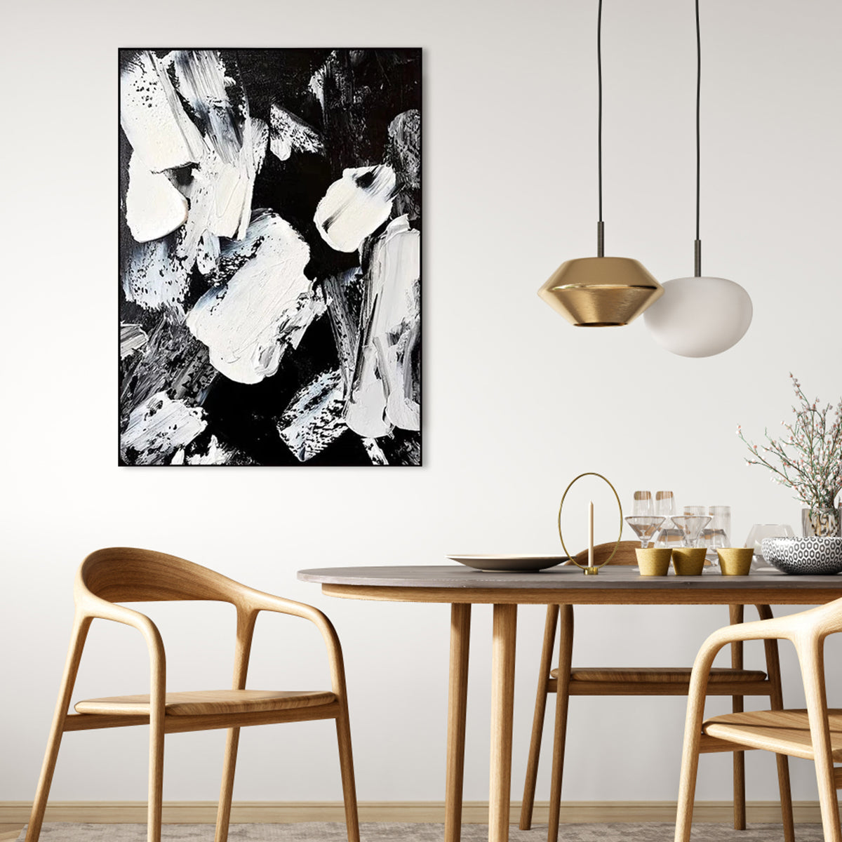 "Dynamic Contrast abstract black and white painting with bold impasto brushstrokes."
