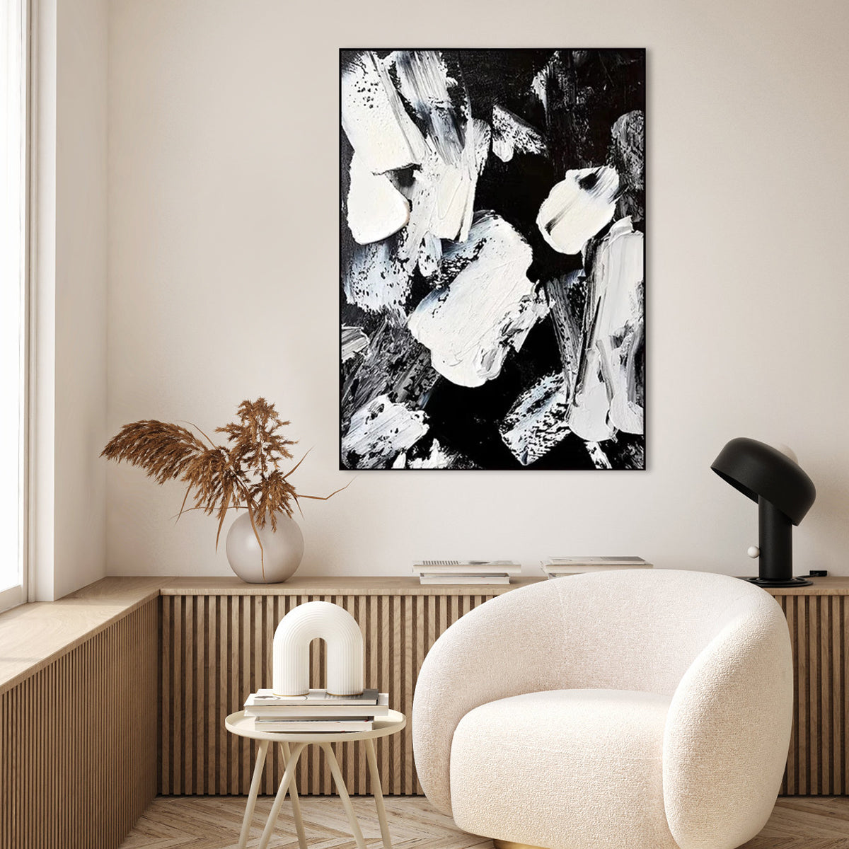 "Dynamic Contrast abstract black and white painting with bold impasto brushstrokes."