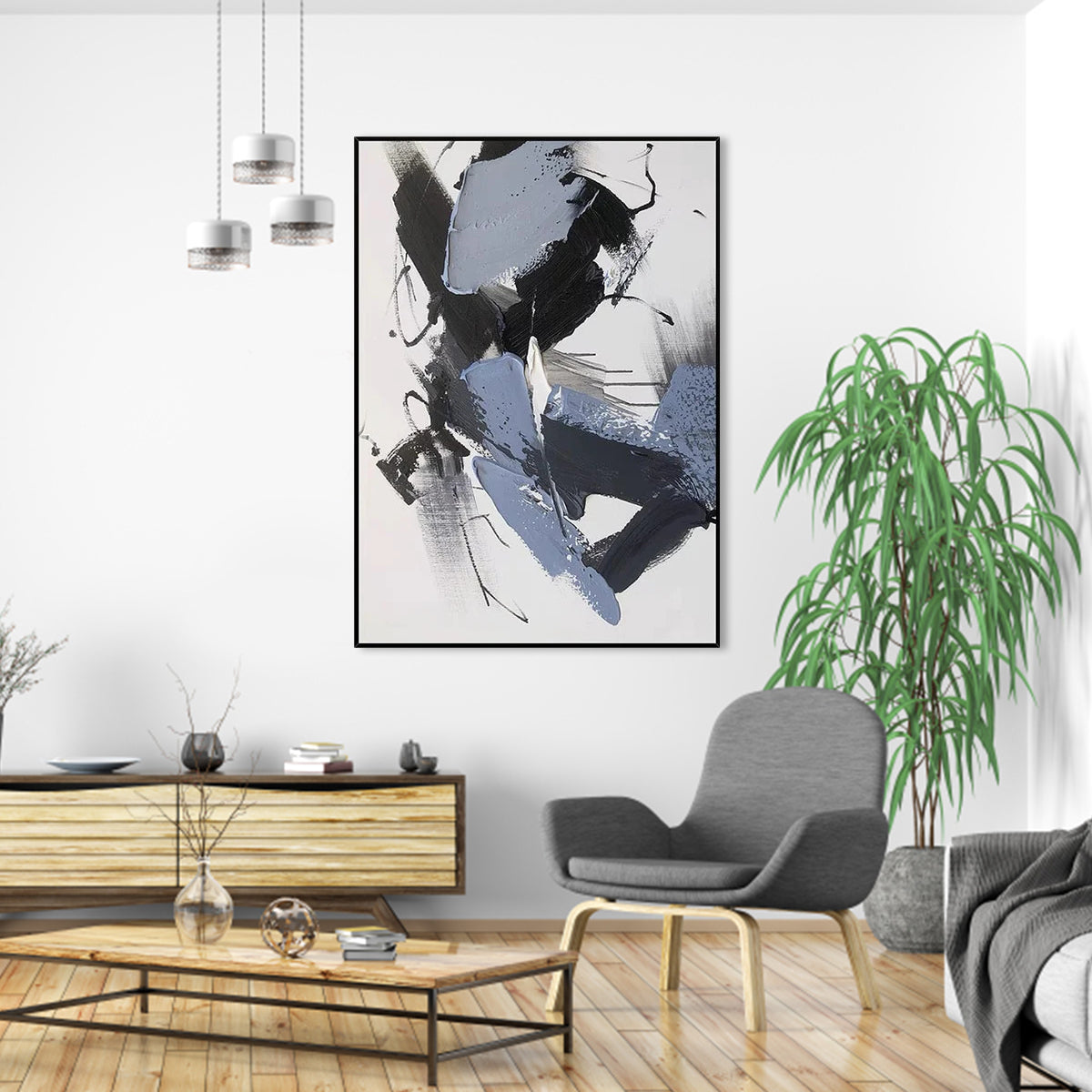 Abstract Dynamics modern abstract wall art in black, white, and blue with textured brushstrokes