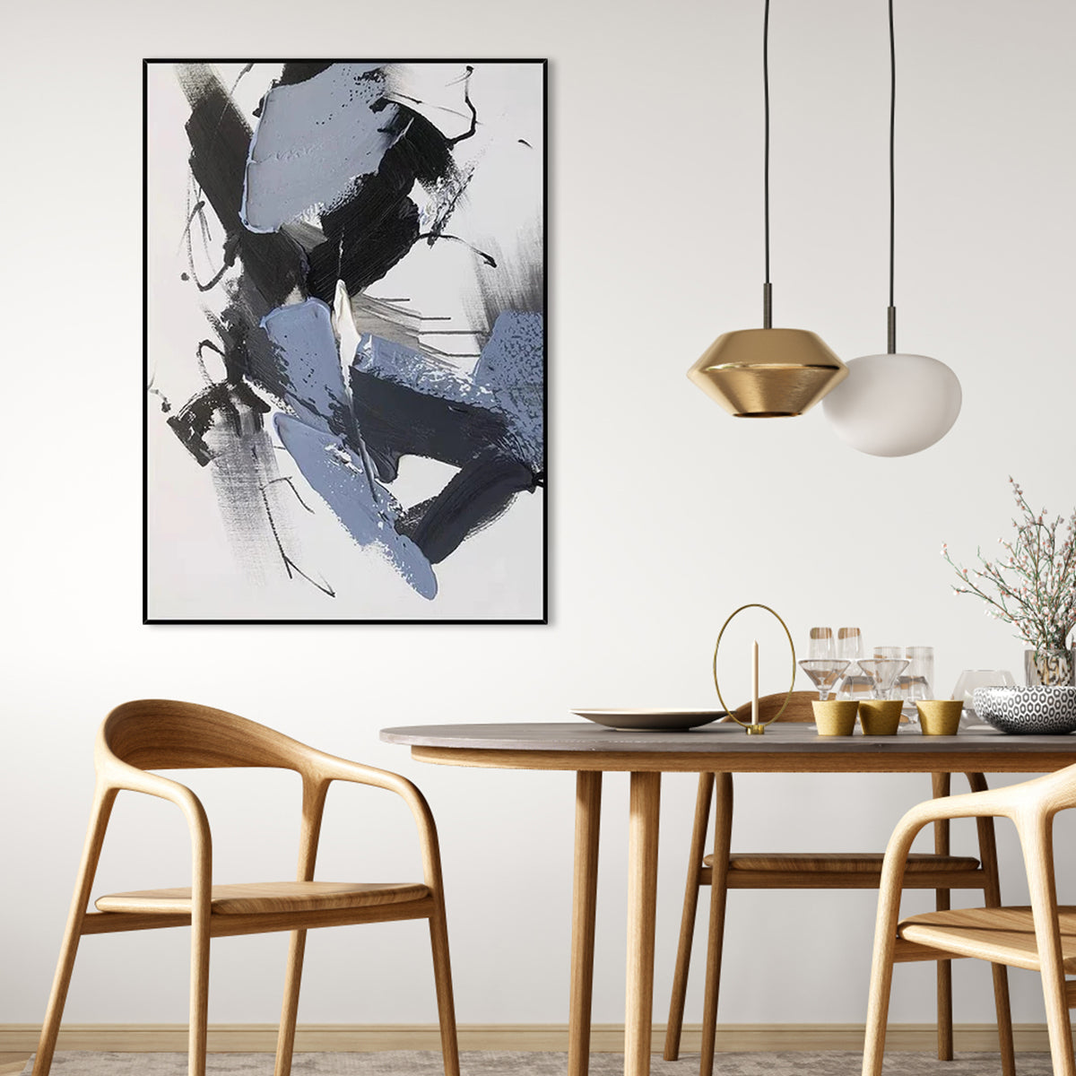 Abstract Dynamics modern abstract wall art in black, white, and blue with textured brushstrokes