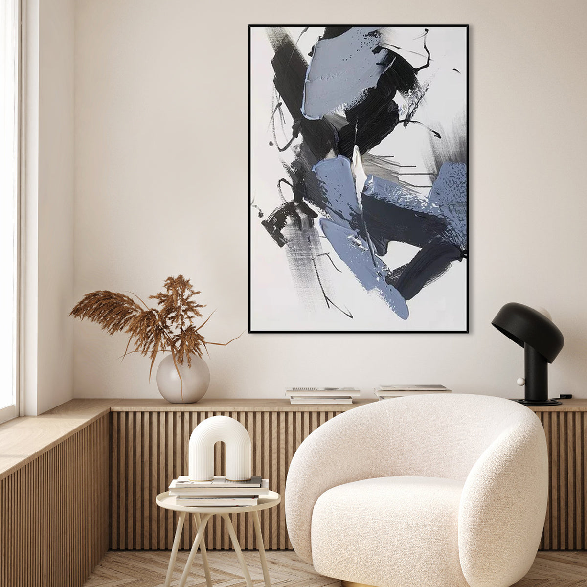 Abstract Dynamics modern abstract wall art in black, white, and blue with textured brushstrokes