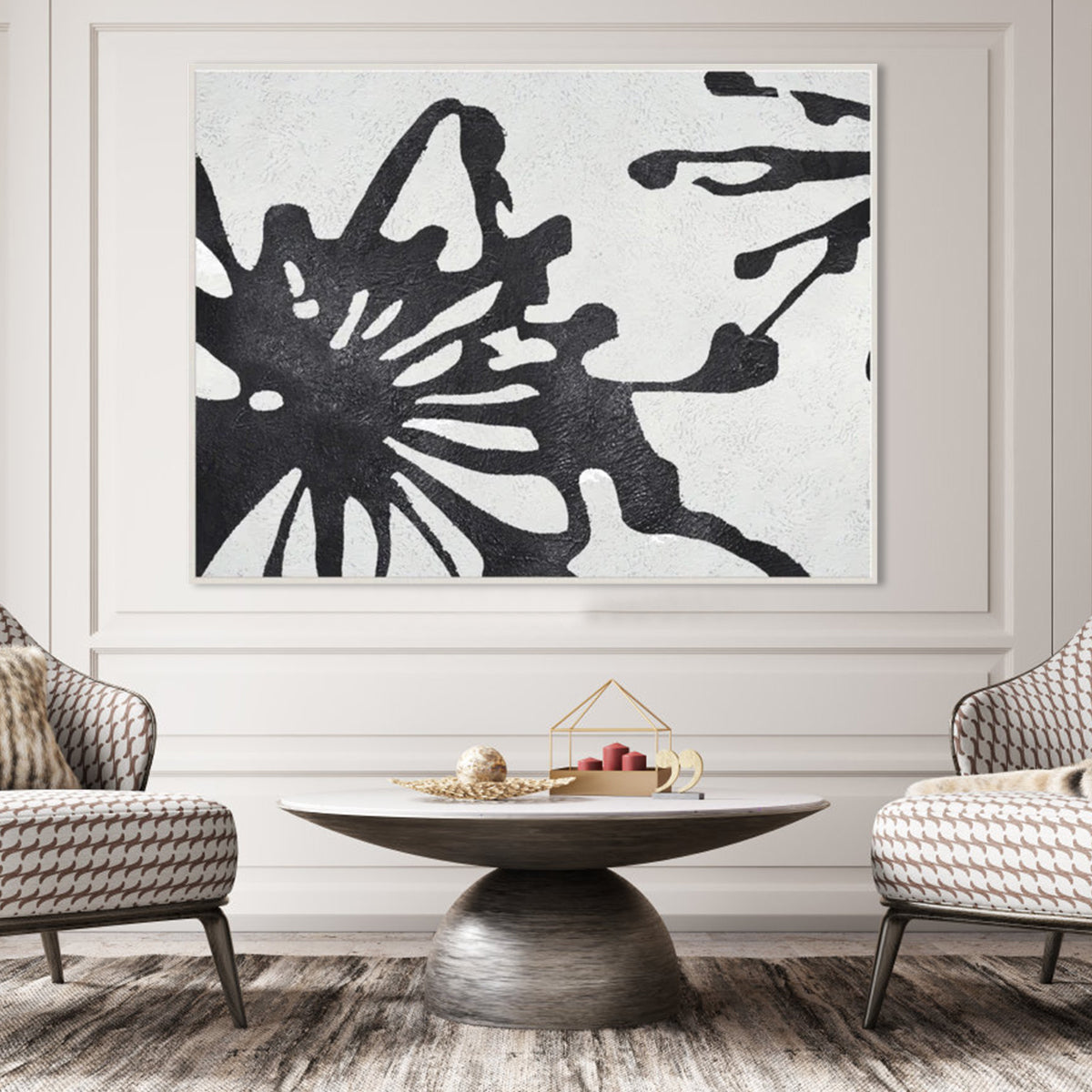 Abstract black and white wall art "Brave as It Was" with dynamic shapes and fluid lines.
