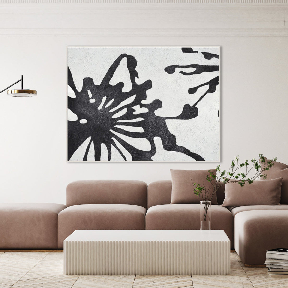 Abstract black and white wall art "Brave as It Was" with dynamic shapes and fluid lines.