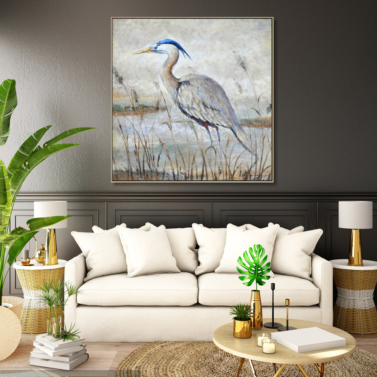 Blue heron wall art painting with tall bird standing by water in natural landscape