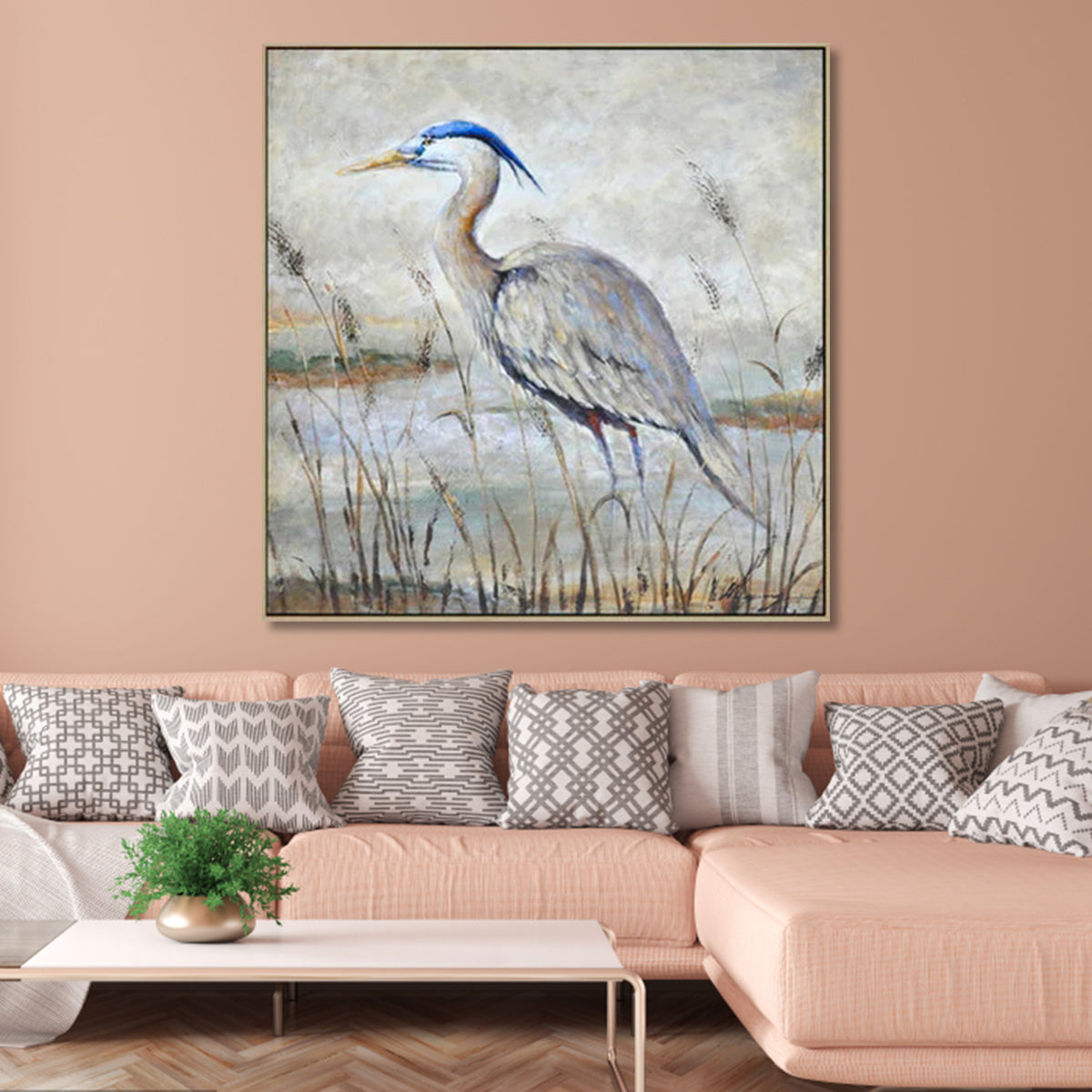 Blue heron wall art painting with tall bird standing by water in natural landscape