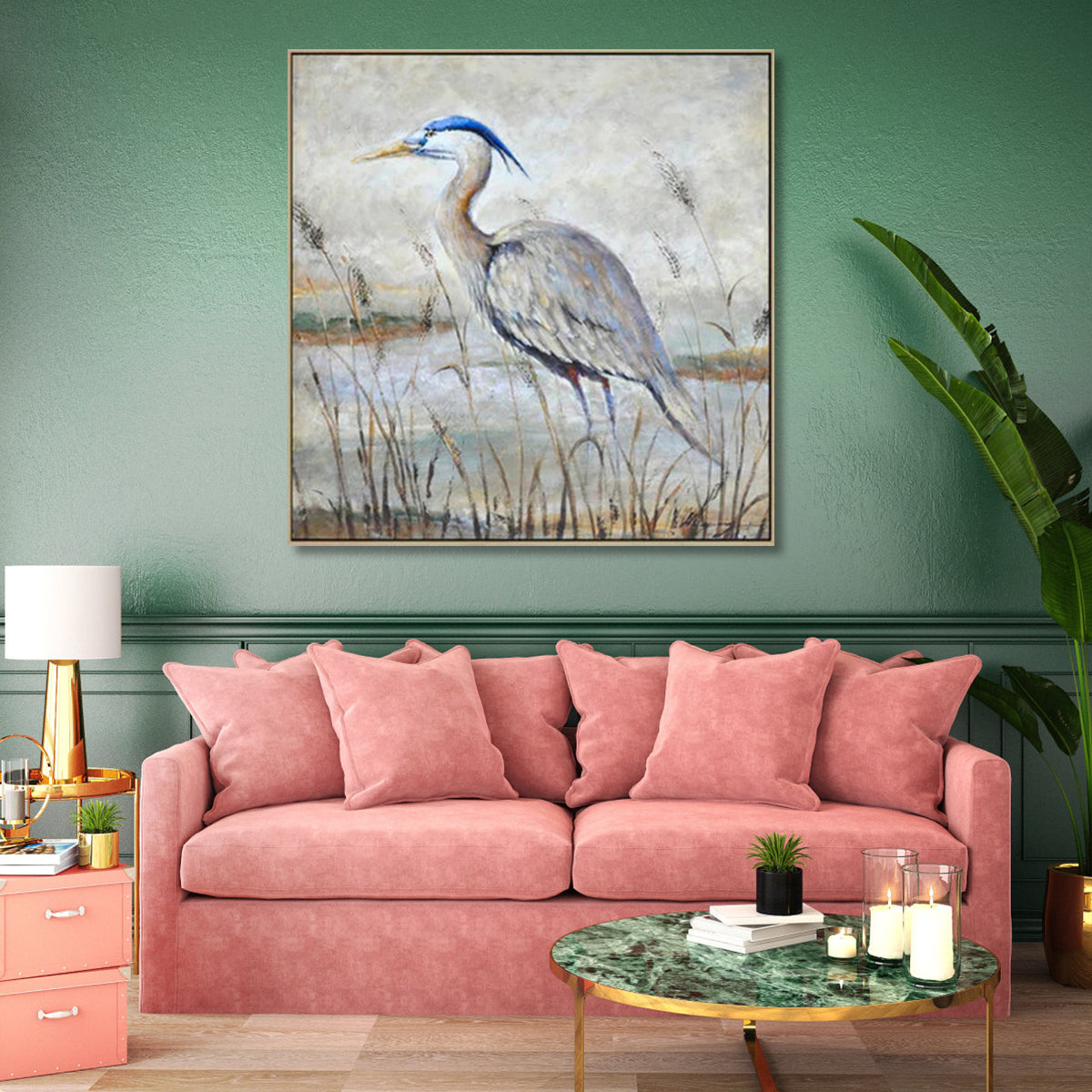 Blue heron wall art painting with tall bird standing by water in natural landscape
