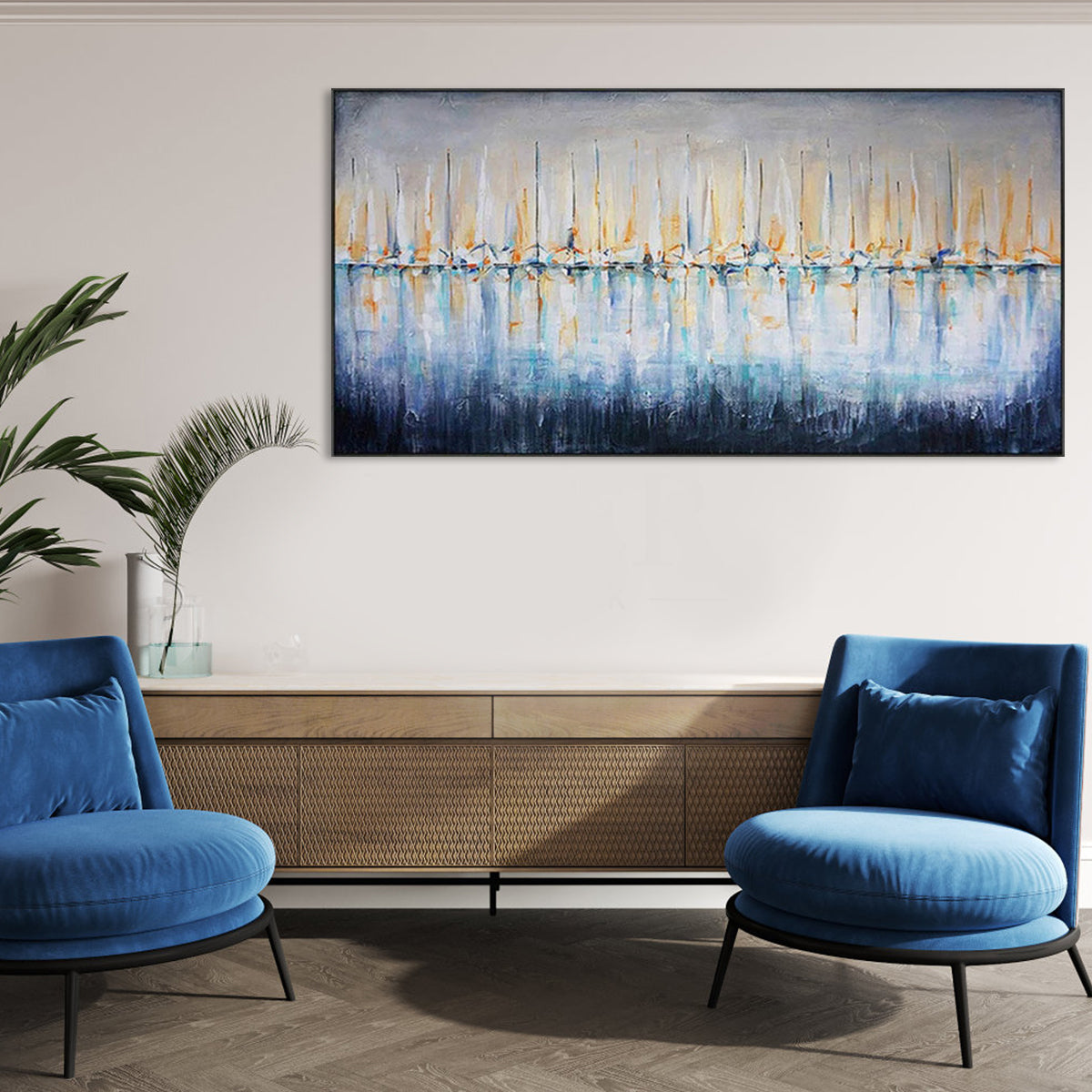 Distant Shores – Abstract Sailboats on Water, Large Textured Canvas Art