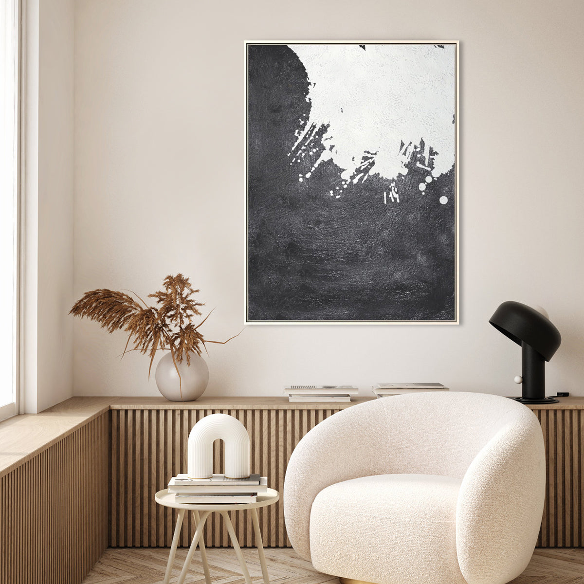 "Engulfed contemporary abstract painting in black and white with textured brushstrokes."