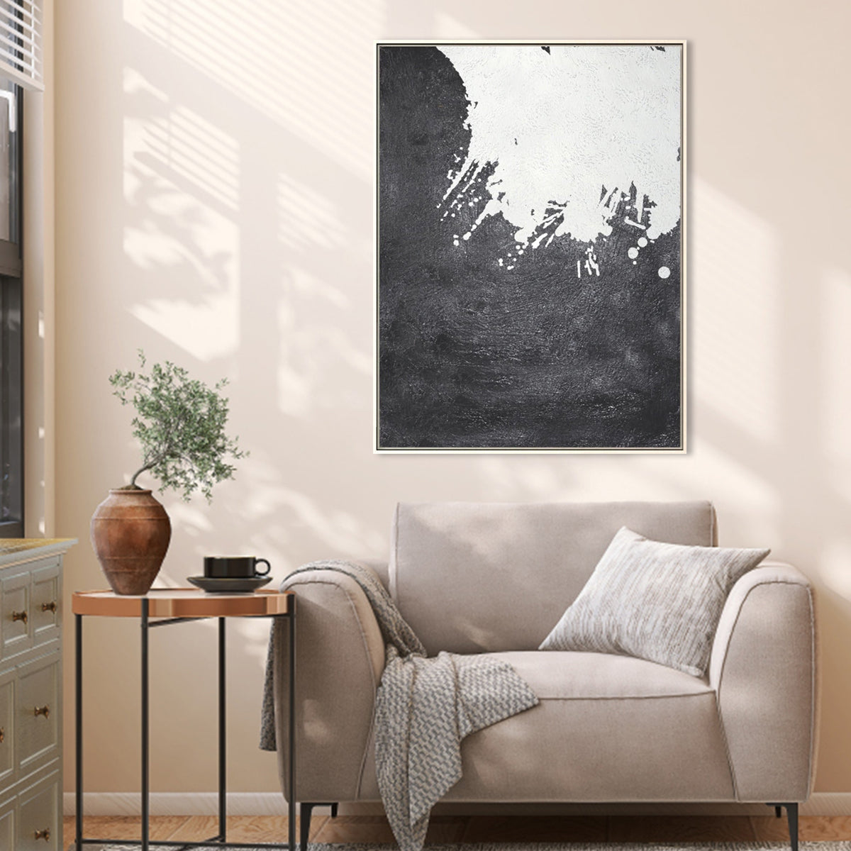 "Engulfed contemporary abstract painting in black and white with textured brushstrokes."
