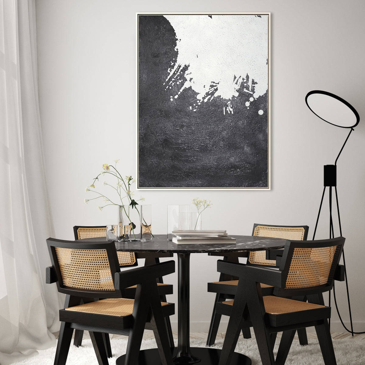 "Engulfed contemporary abstract painting in black and white with textured brushstrokes."