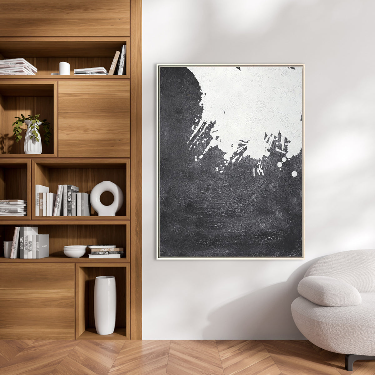 "Engulfed contemporary abstract painting in black and white with textured brushstrokes."