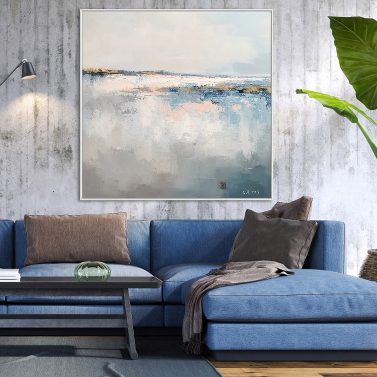 Evanesce wabi sabi wall art with abstract blue, white, and textured minimalist design