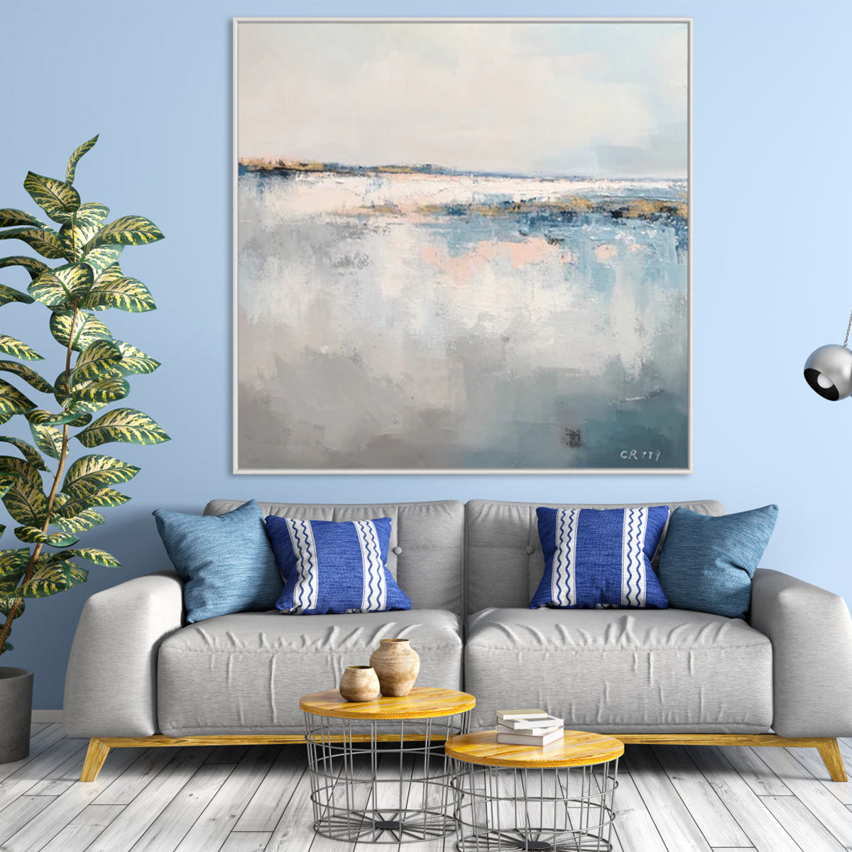 Evanesce wabi sabi wall art with abstract blue, white, and textured minimalist design
