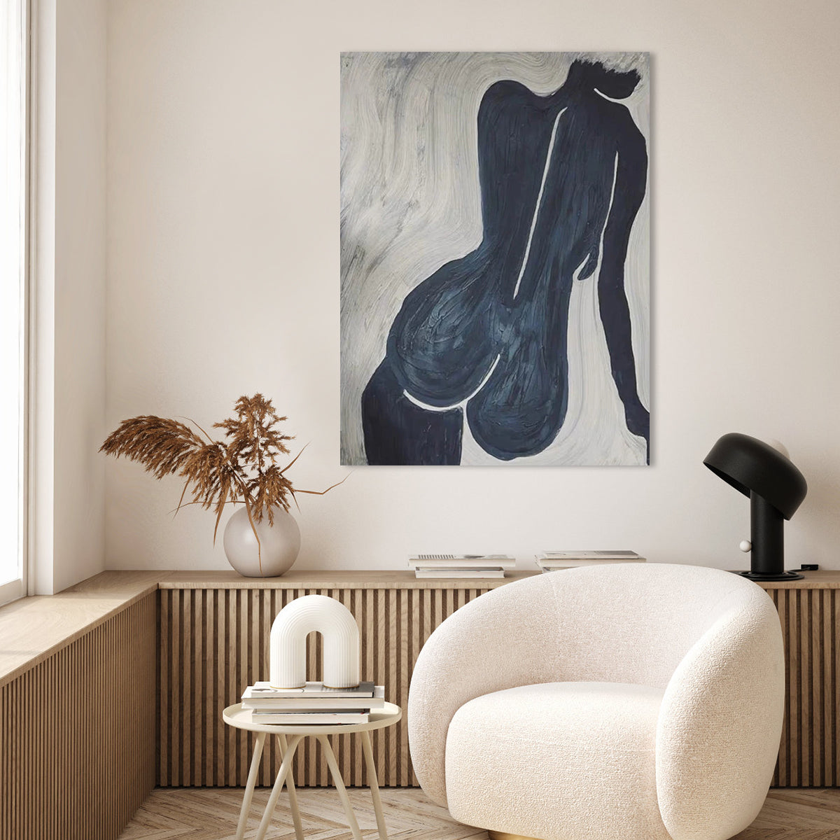 Abstract art figure painting of a woman’s silhouette in dark tones with sweeping brushstrokes.