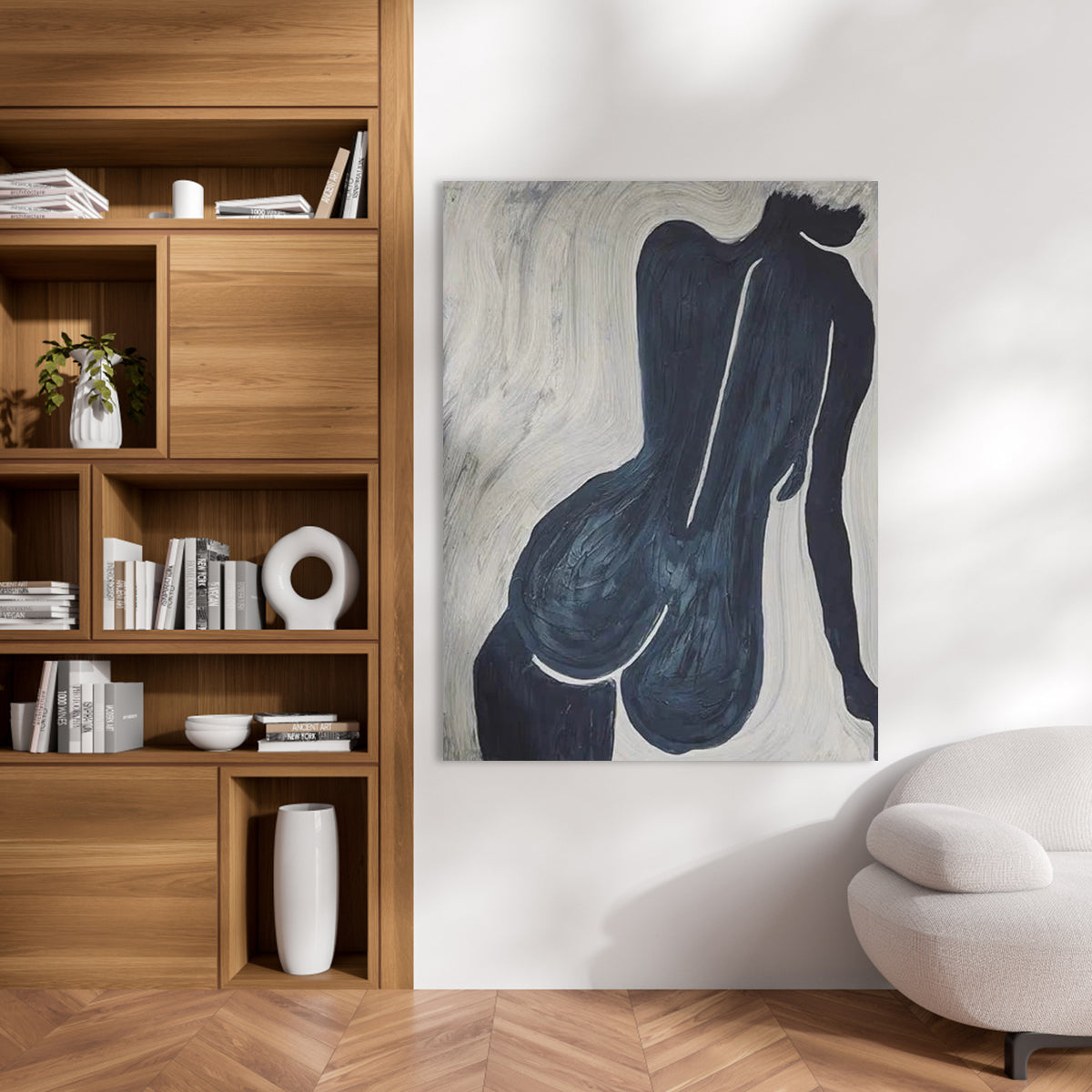 Abstract art figure painting of a woman’s silhouette in dark tones with sweeping brushstrokes.