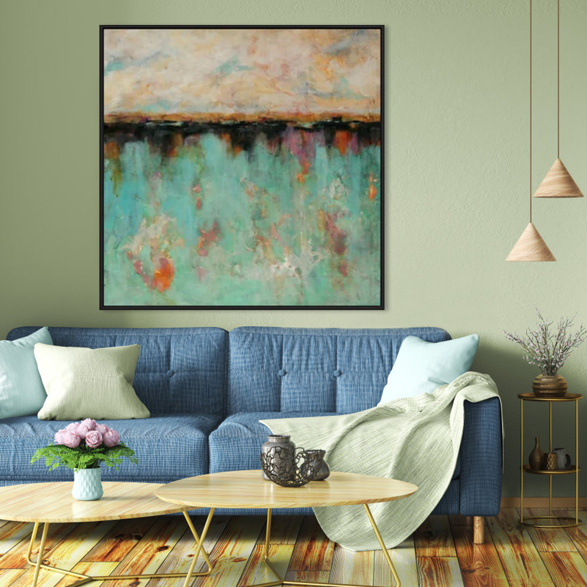 Turquoise abstract wall art featuring vibrant shades and textures