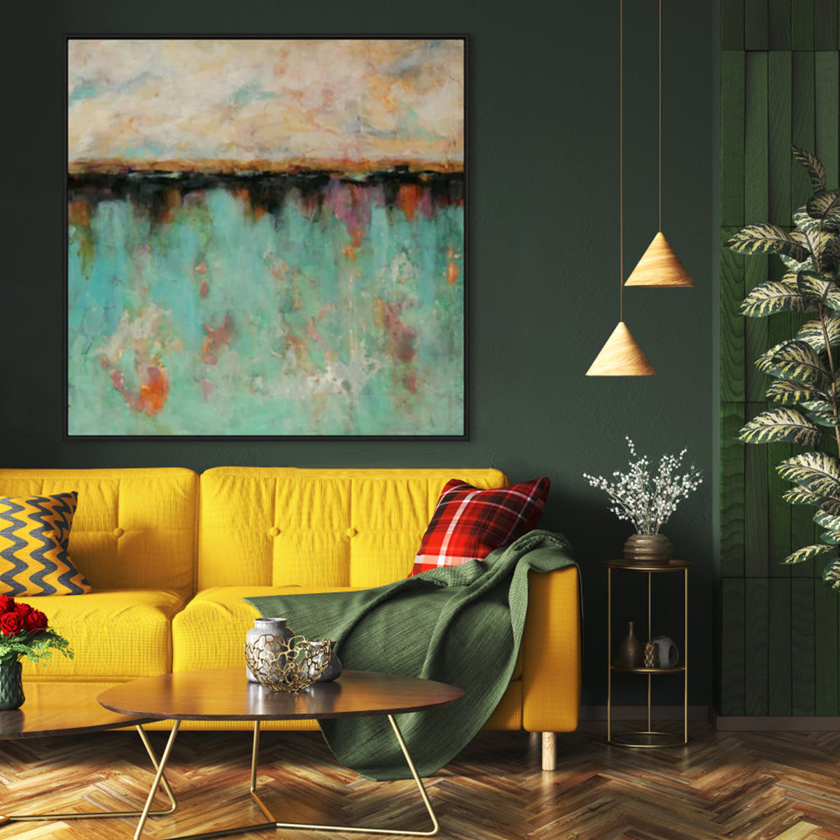 Turquoise abstract wall art featuring vibrant shades and textures