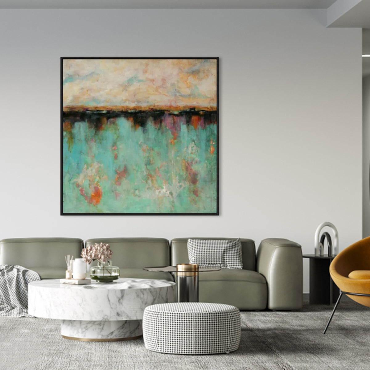 Turquoise abstract wall art featuring vibrant shades and textures