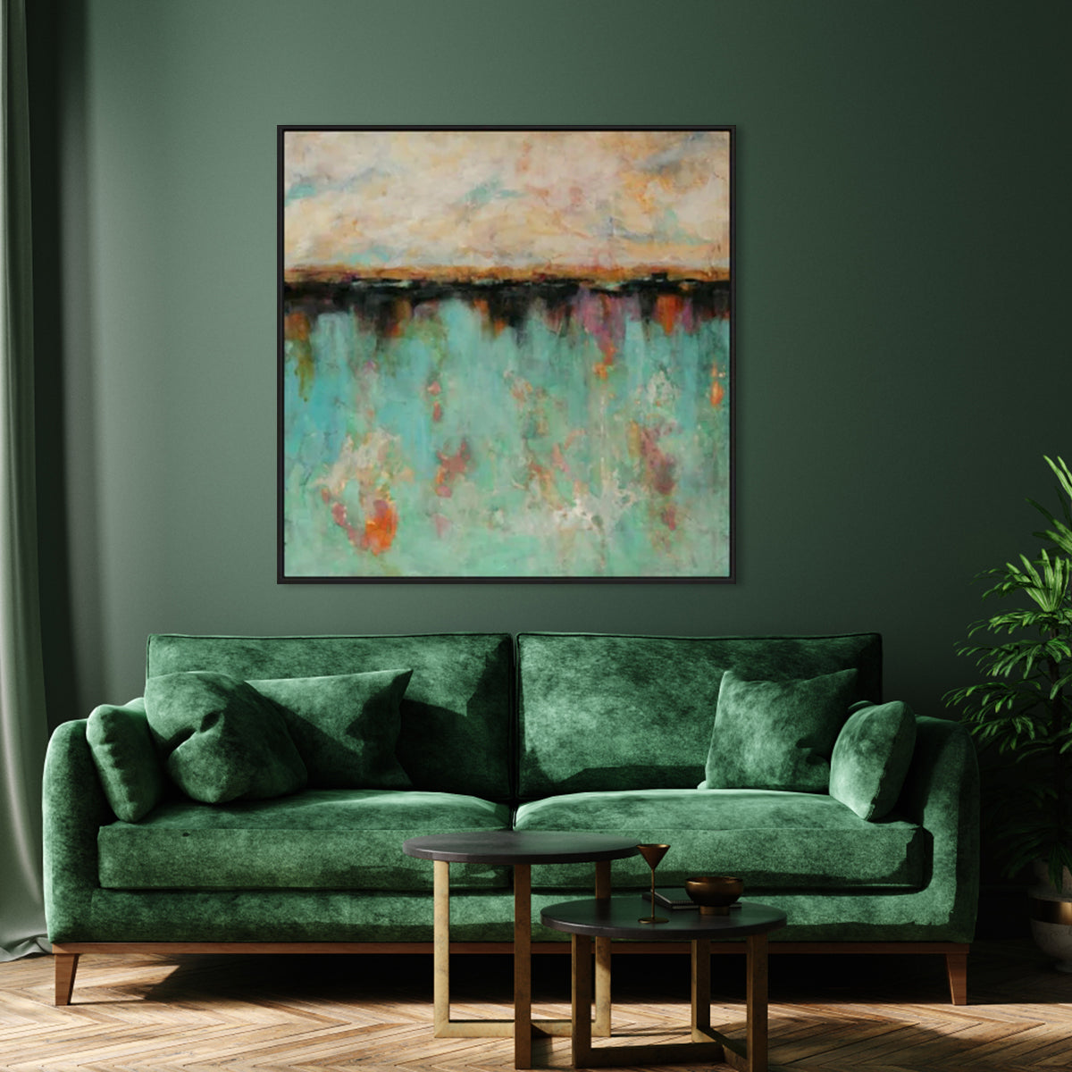 Turquoise abstract wall art featuring vibrant shades and textures