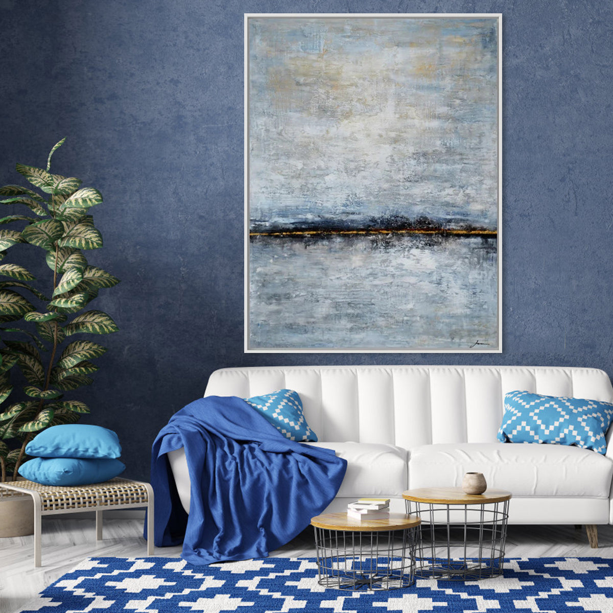 Harmonia Roses large abstract wall painting with textured grey, blue, and gold tones