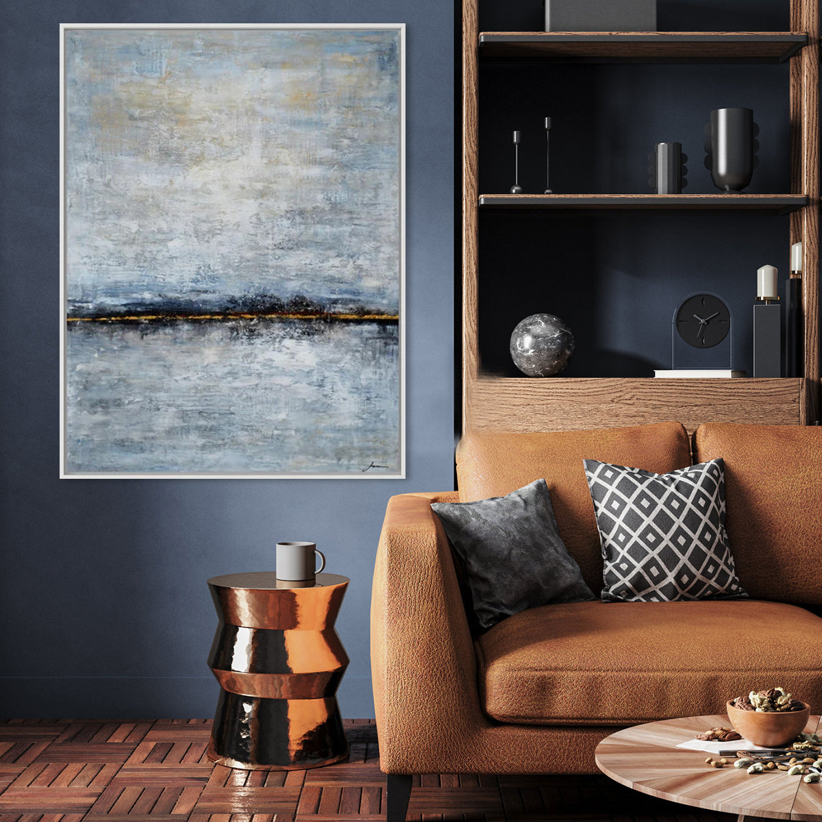 Harmonia Roses large abstract wall painting with textured grey, blue, and gold tones