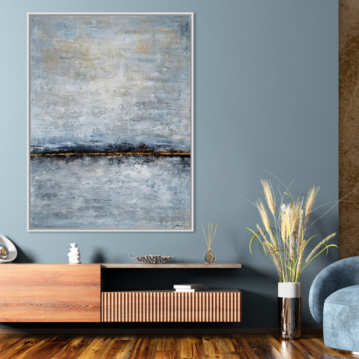 Harmonia Roses large abstract wall painting with textured grey, blue, and gold tones