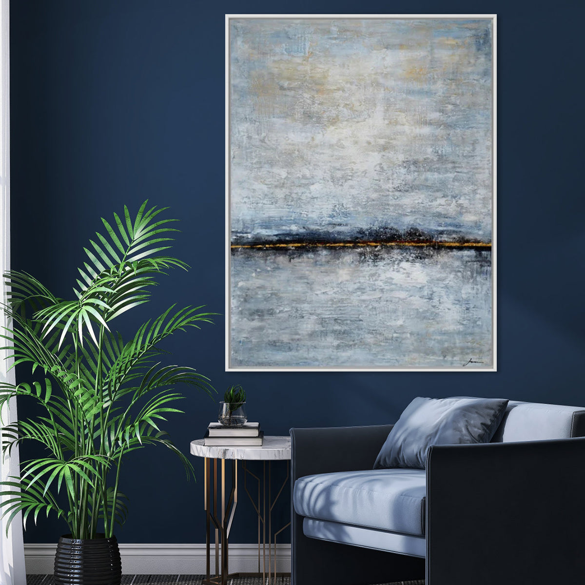 Harmonia Roses large abstract wall painting with textured grey, blue, and gold tones