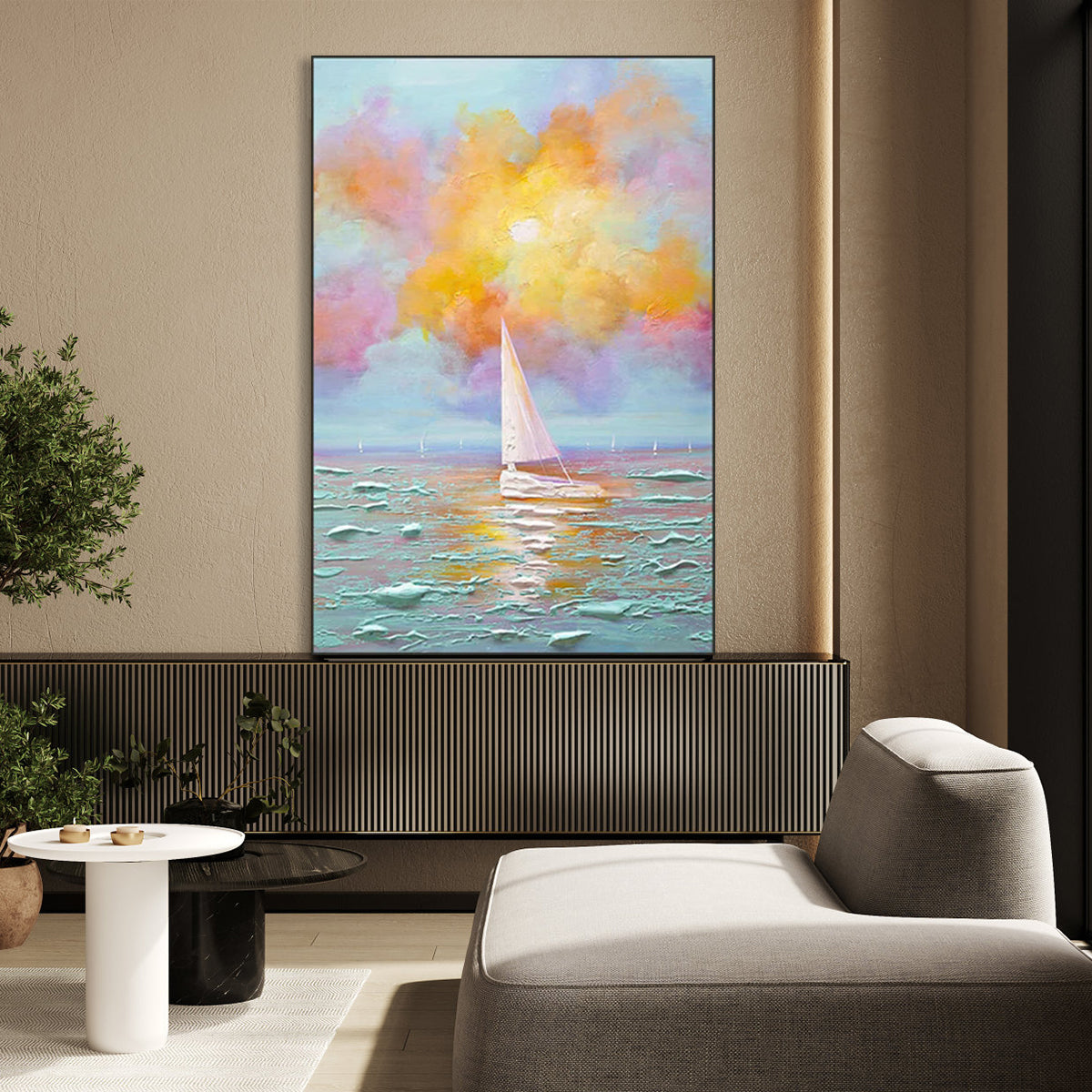Let Us Set Sail – Sunset Canvas Seascape with Sailboat and Radiant Sky
