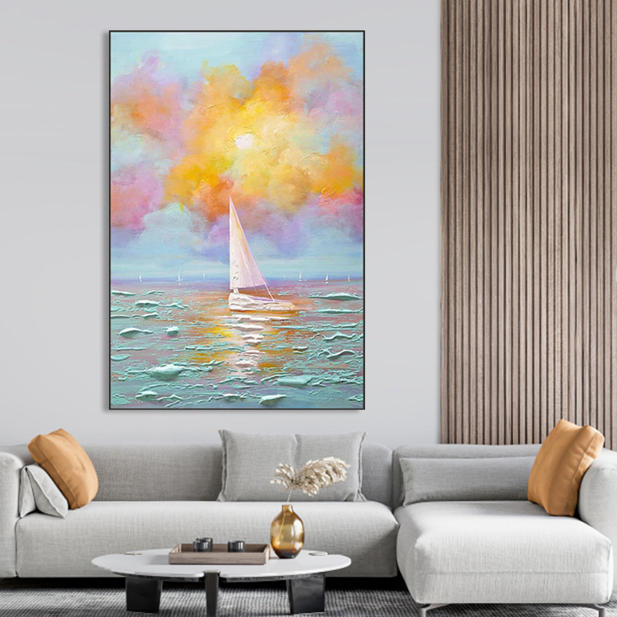 Let Us Set Sail – Sunset Canvas Seascape with Sailboat and Radiant Sky