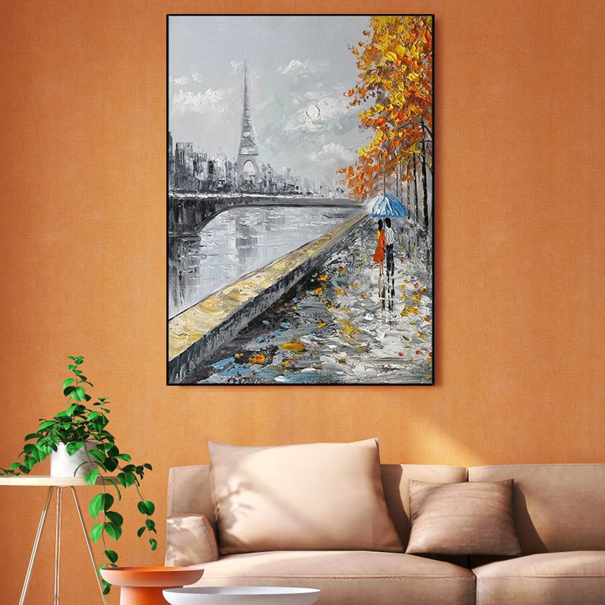 Love Profound Paris wall art with Eiffel Tower, autumn trees, and romantic couple under umbrella