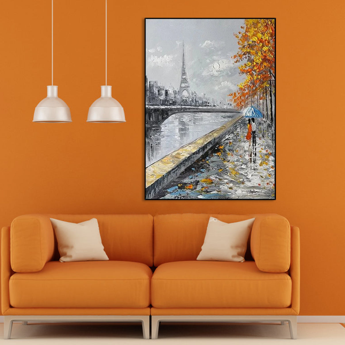 Love Profound Paris wall art with Eiffel Tower, autumn trees, and romantic couple under umbrella