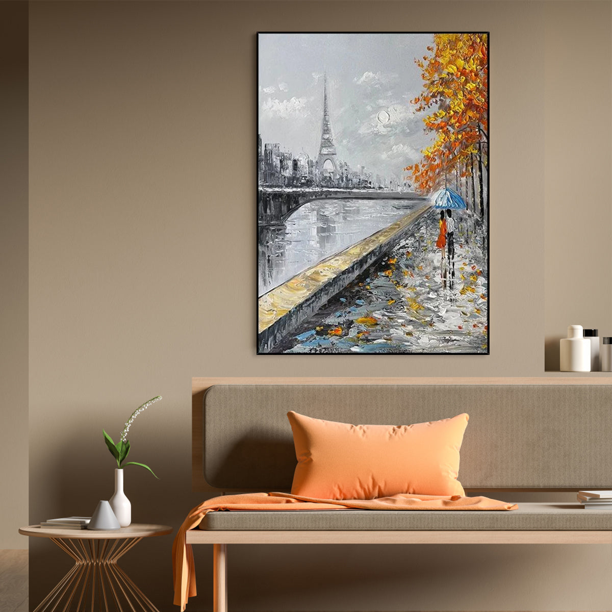 Love Profound Paris wall art with Eiffel Tower, autumn trees, and romantic couple under umbrella