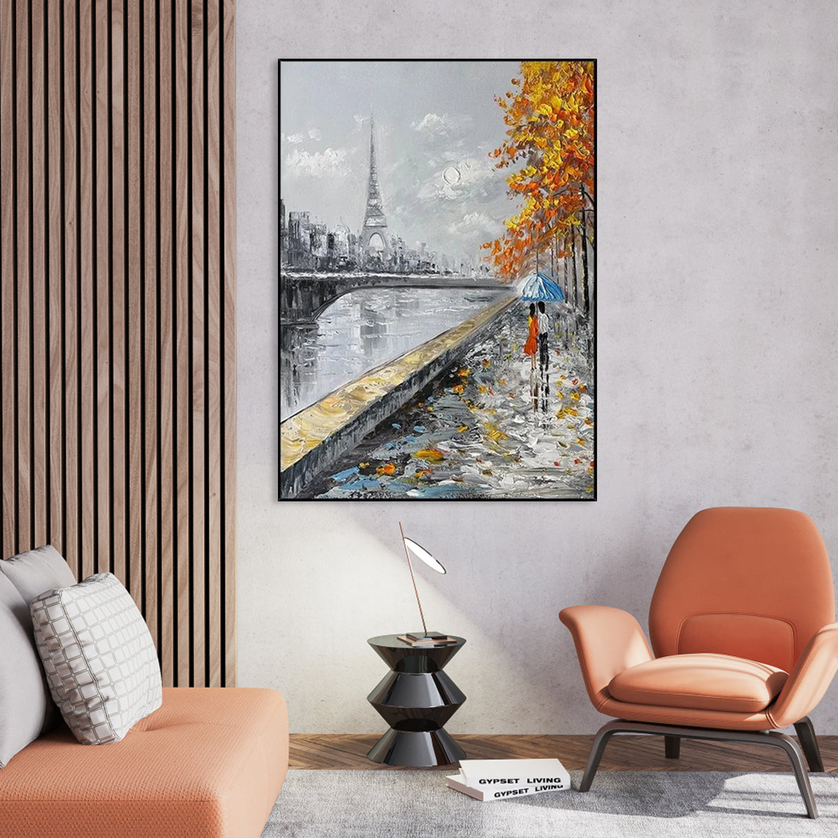 Love Profound Paris wall art with Eiffel Tower, autumn trees, and romantic couple under umbrella