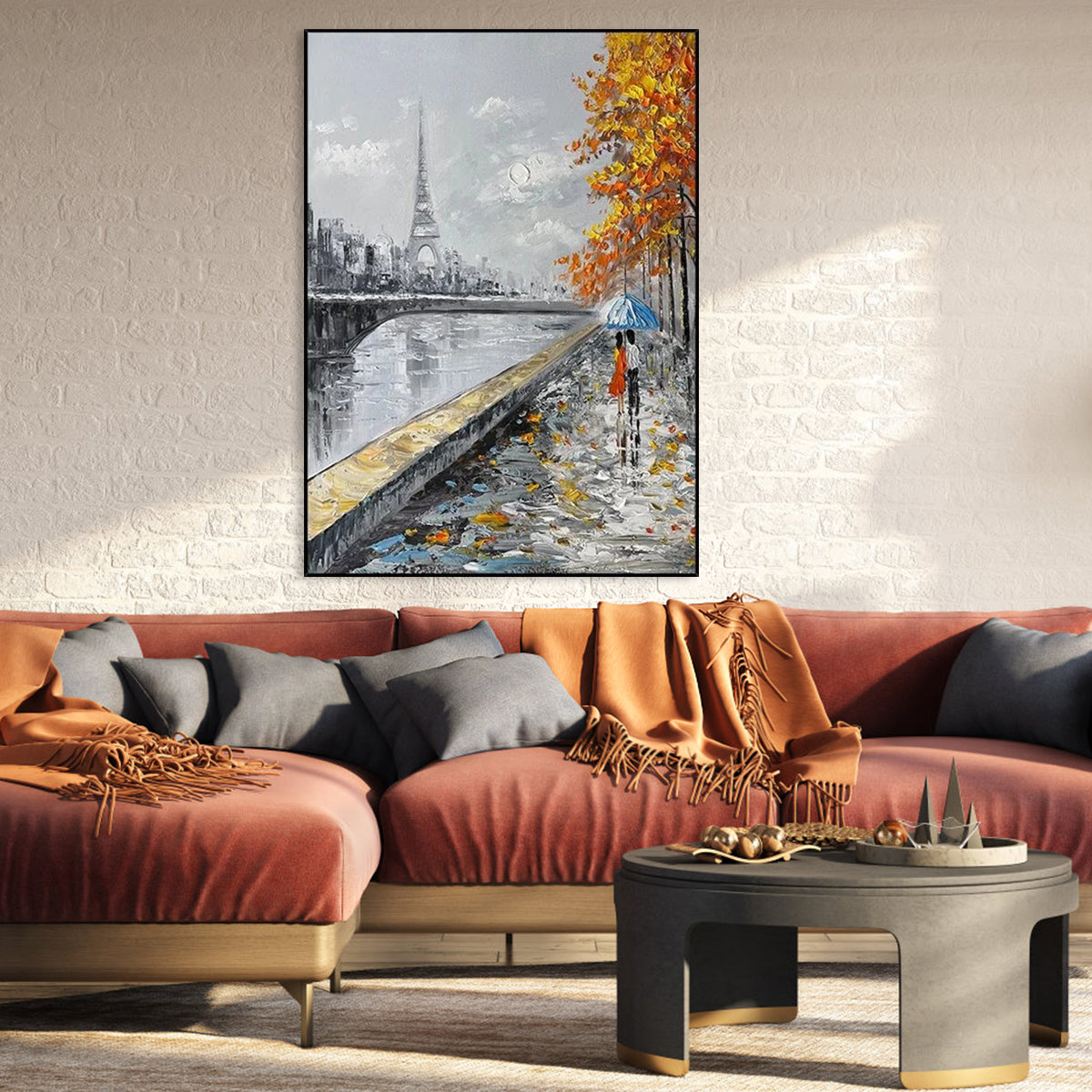Love Profound Paris wall art with Eiffel Tower, autumn trees, and romantic couple under umbrella