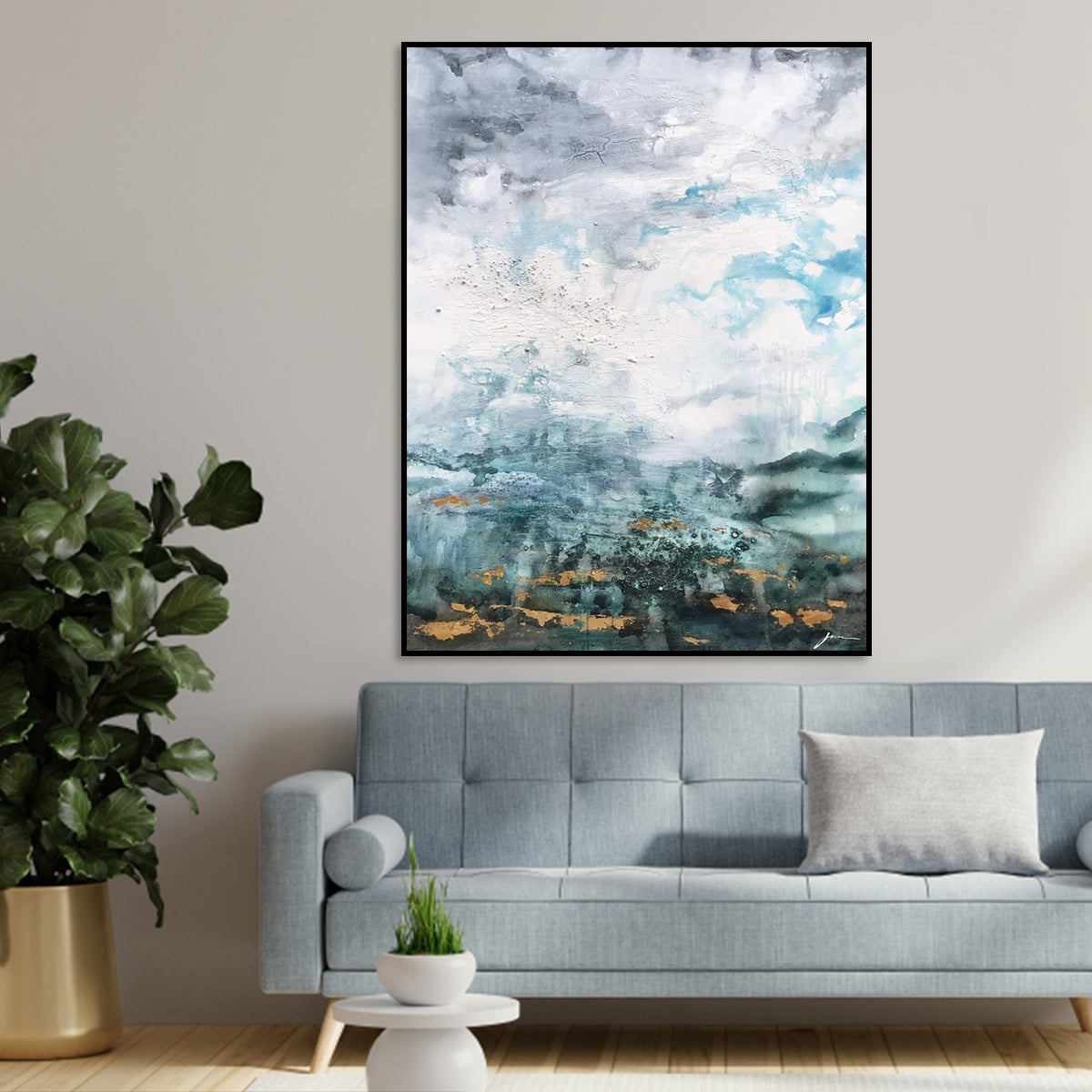 Luster modern contemporary wall decor abstract painting with grey, blue, and gold tones