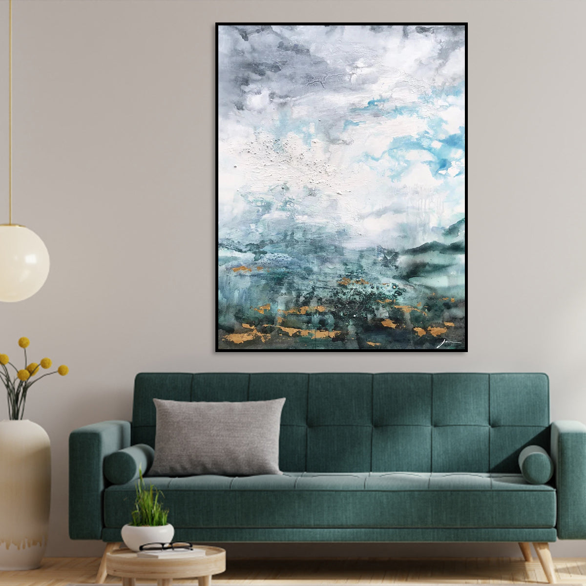 Luster modern contemporary wall decor abstract painting with grey, blue, and gold tones