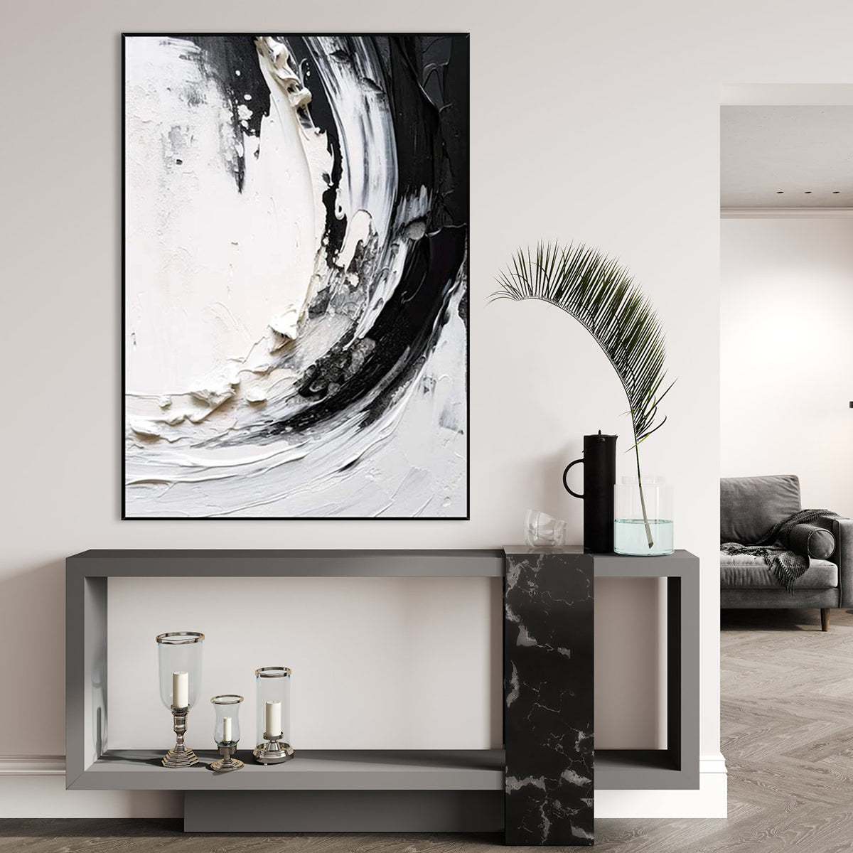 Monochrome Maelstrom black and white abstract wall art with textured swirls