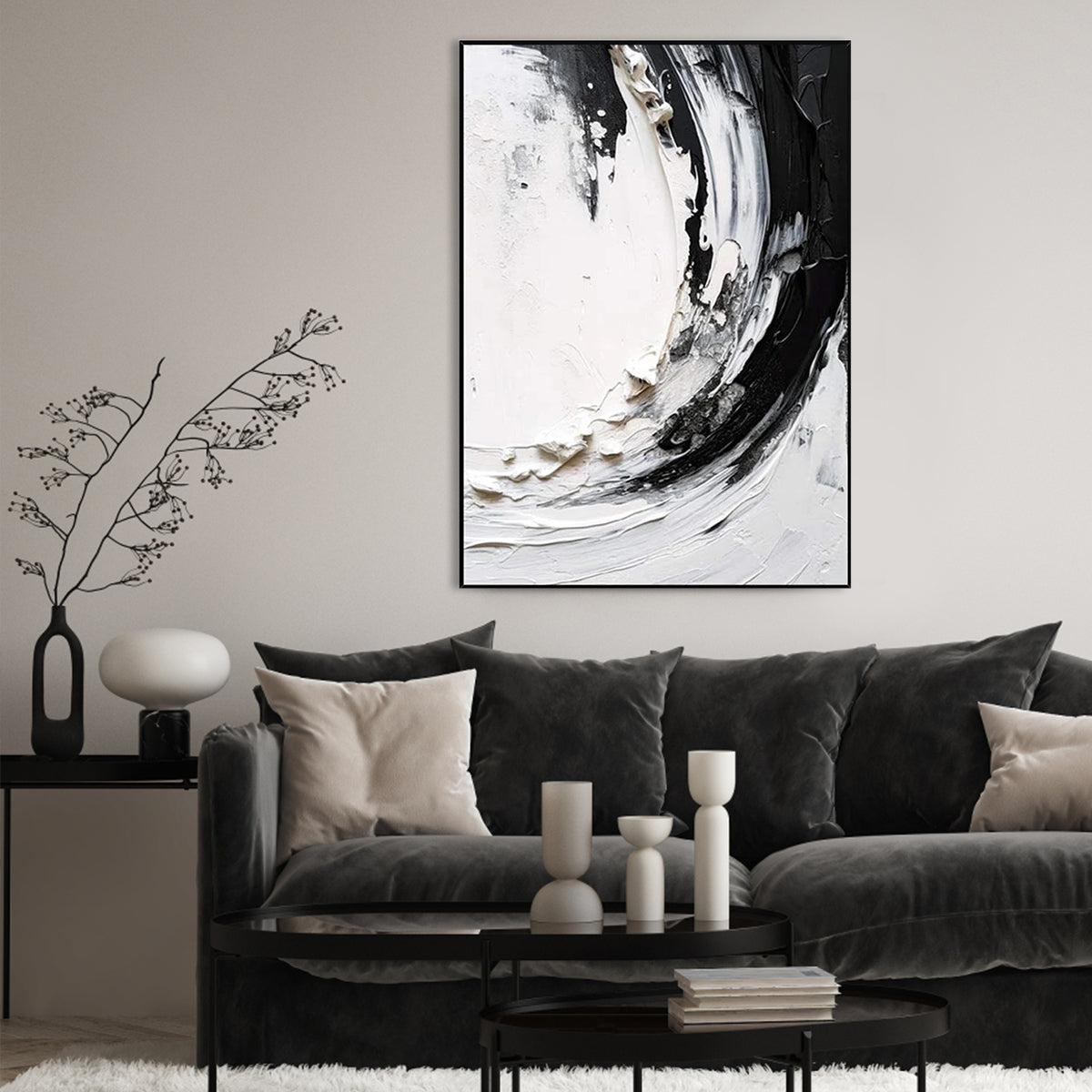Monochrome Maelstrom black and white abstract wall art with textured swirls