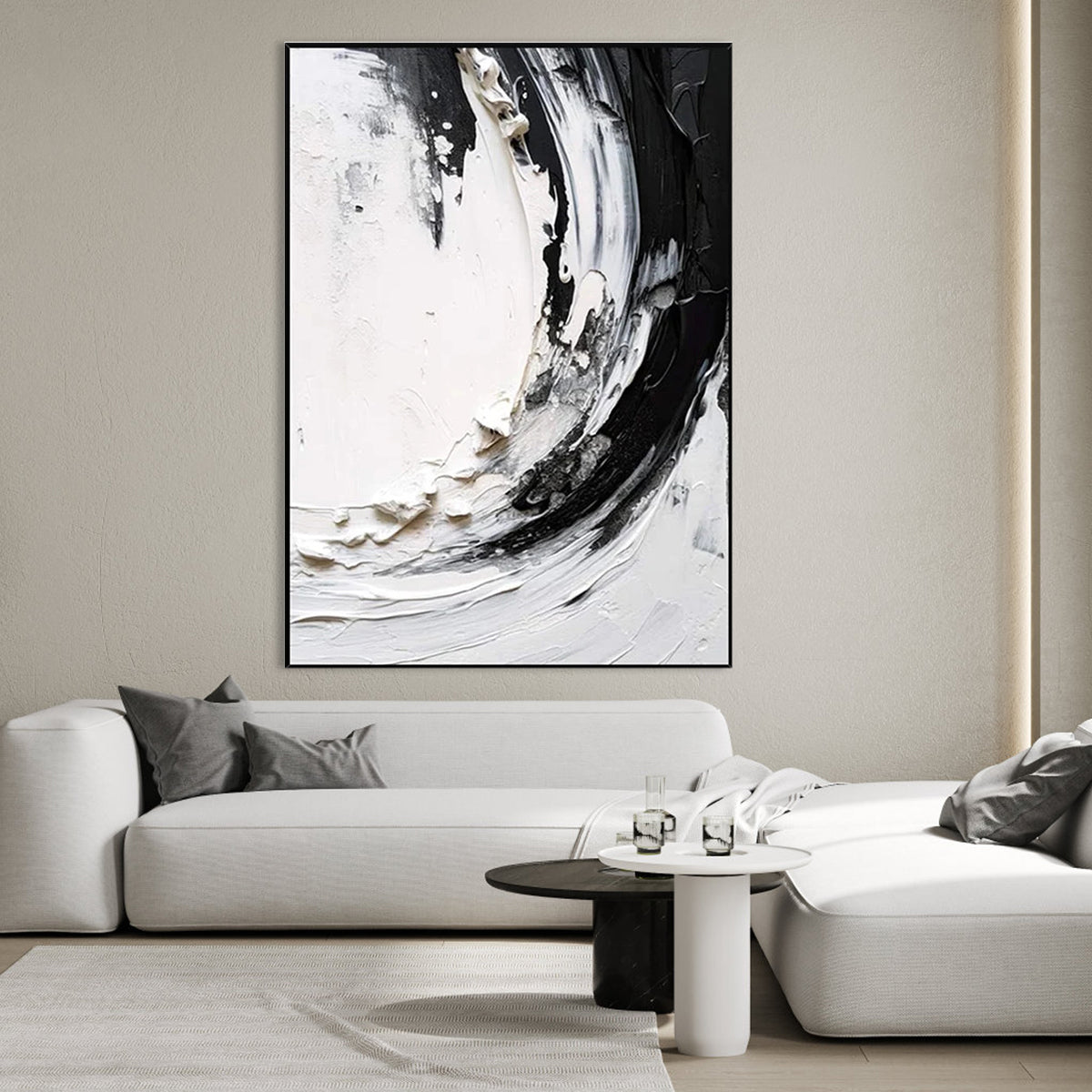 Monochrome Maelstrom black and white abstract wall art with textured swirls