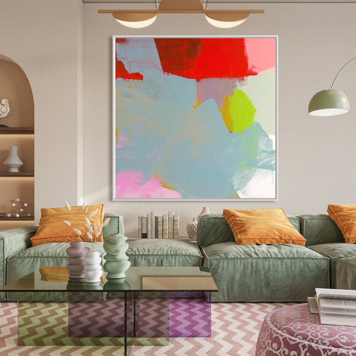 Abstract art print "Motion Fusion" with vibrant colors and dynamic brushstrokes.