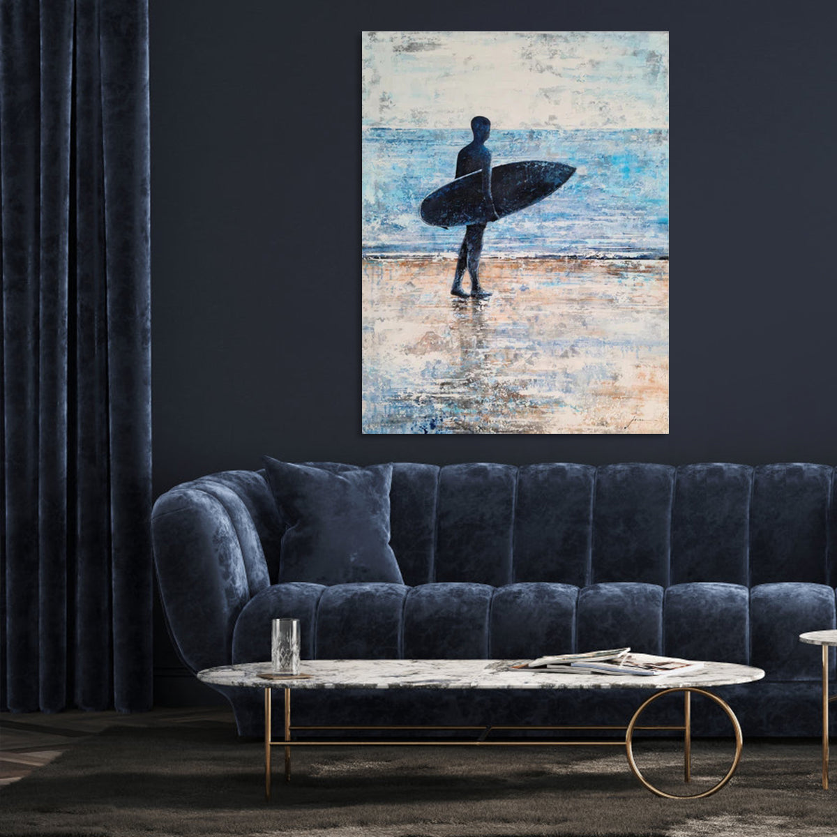 Surfer wall art painting of a man with surfboard on the beach