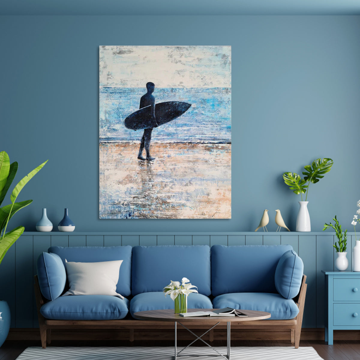 Surfer wall art painting of a man with surfboard on the beach