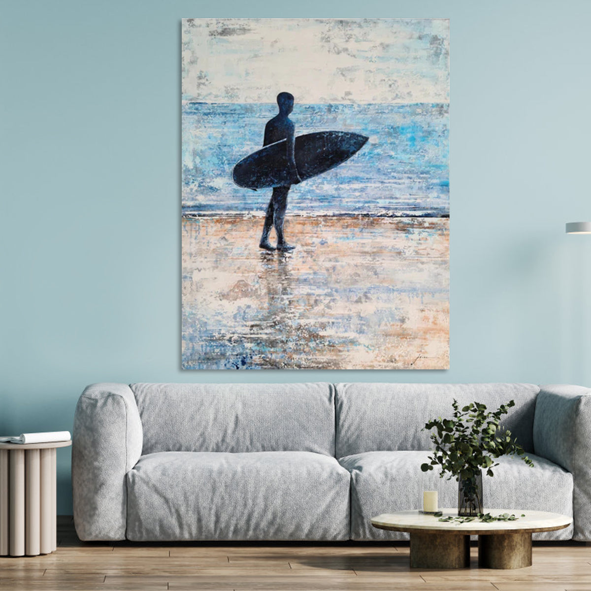 Surfer wall art painting of a man with surfboard on the beach