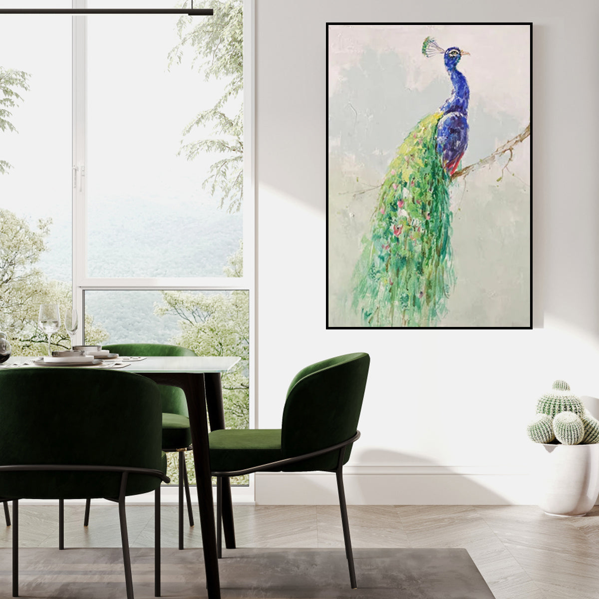 Peacock wall art painting with elegant feathers on branch