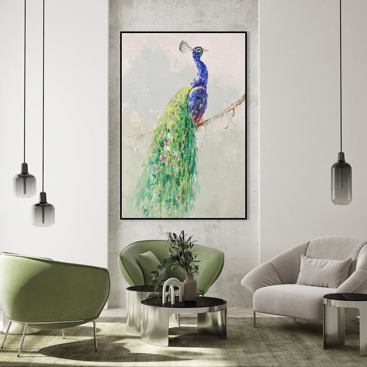 Peacock wall art painting with elegant feathers on branch
