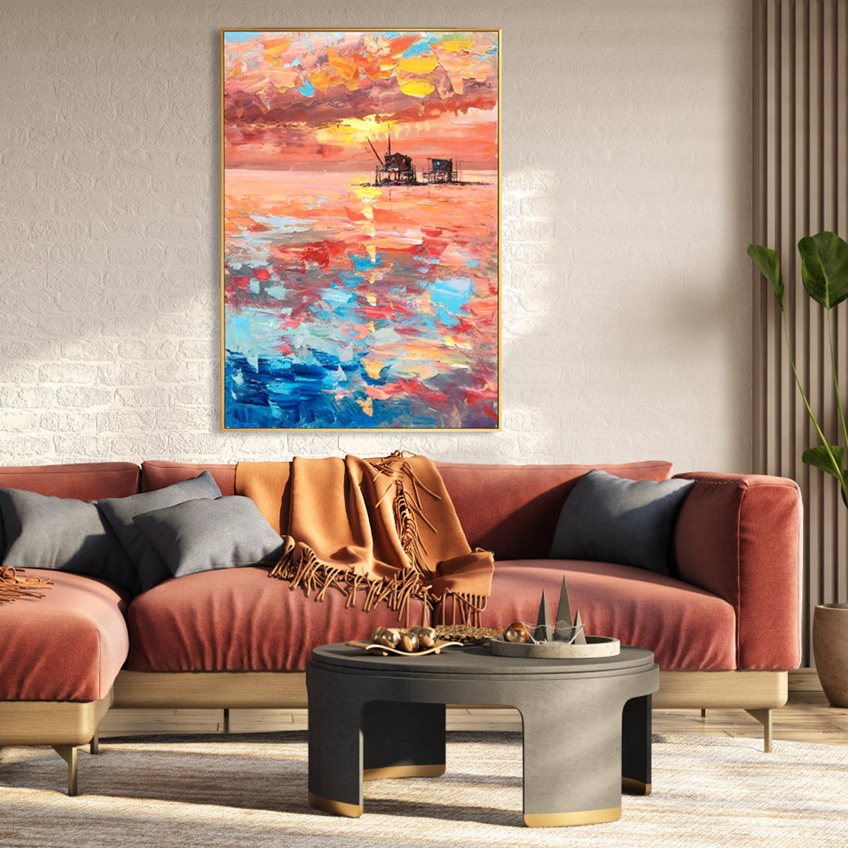 Pink Sky and Sunset – Colorful Wall Art Abstract Ocean Painting with Oil Platform
