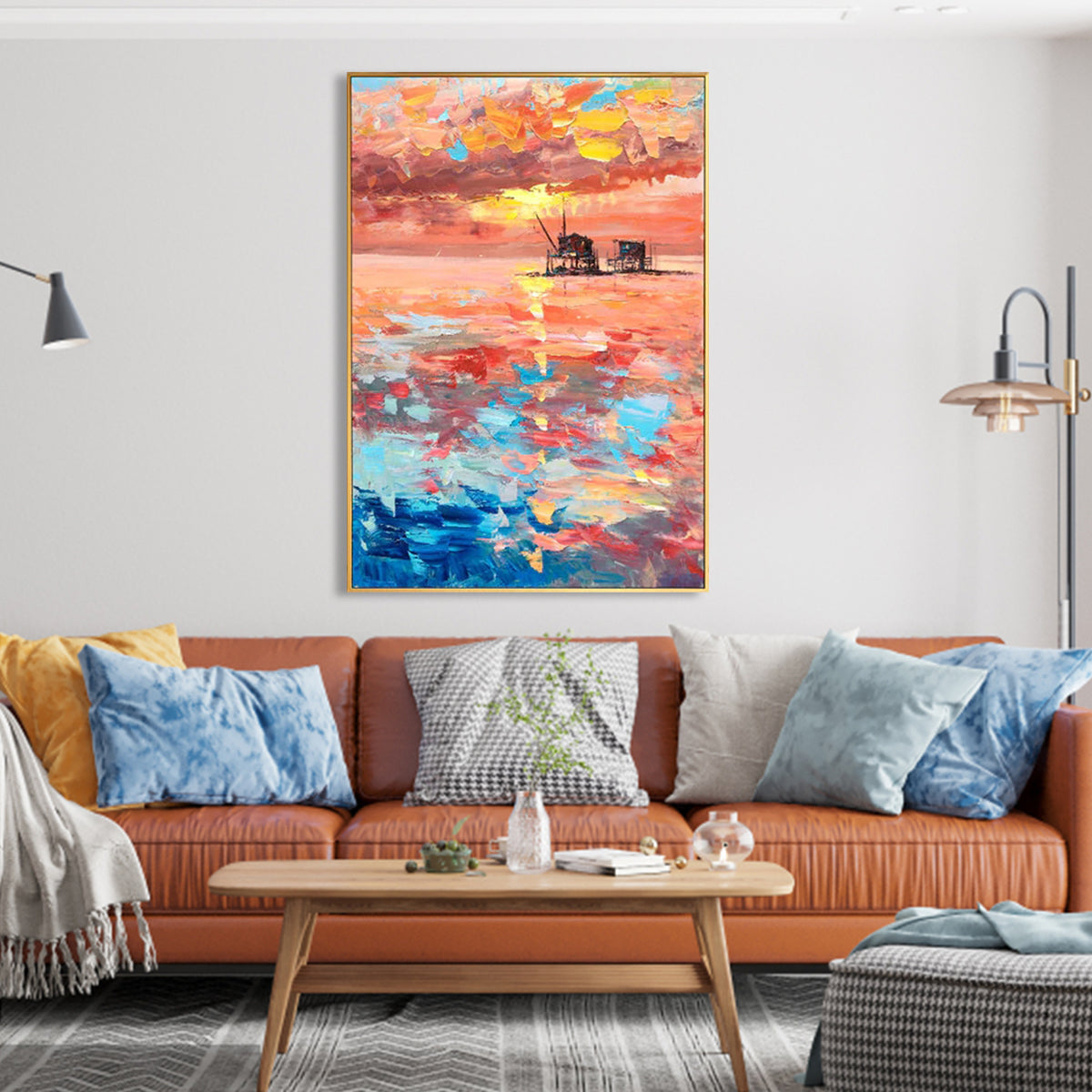 Pink Sky and Sunset – Colorful Wall Art Abstract Ocean Painting with Oil Platform