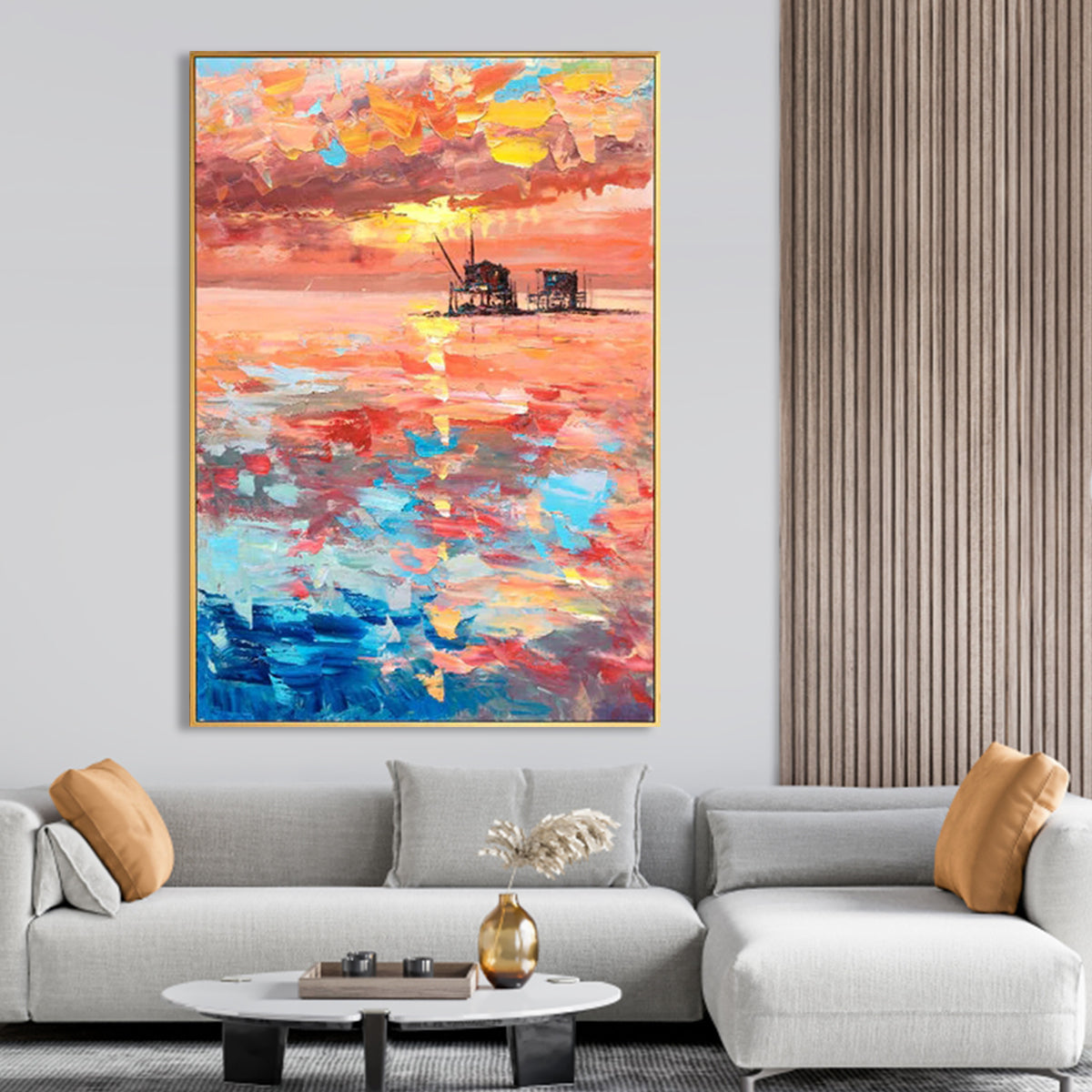 Pink Sky and Sunset – Colorful Wall Art Abstract Ocean Painting with Oil Platform