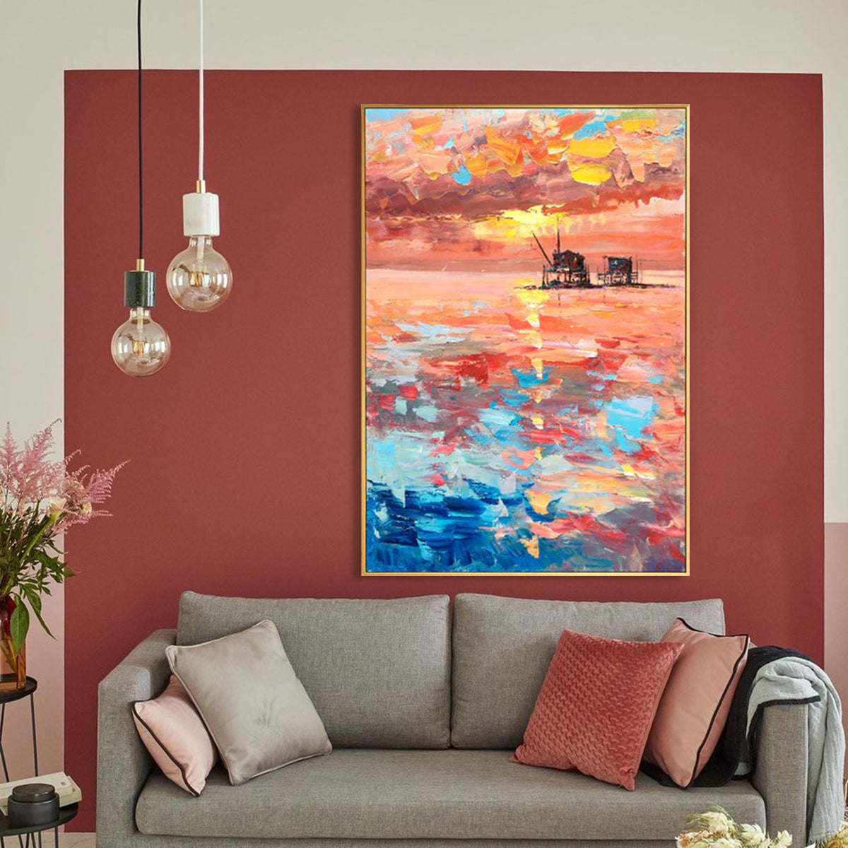 Pink Sky and Sunset – Colorful Wall Art Abstract Ocean Painting with Oil Platform